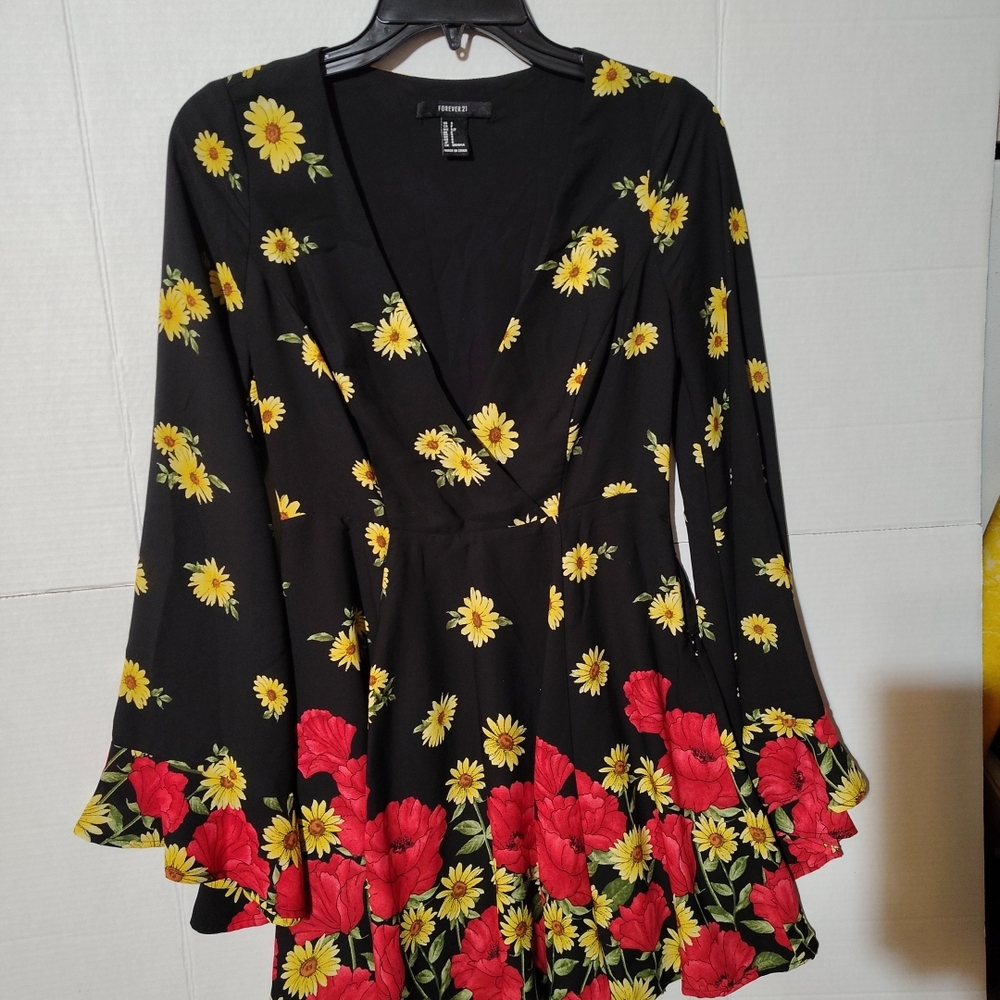 Forever 21 Black Dress with Red and Yellow Floral Accents